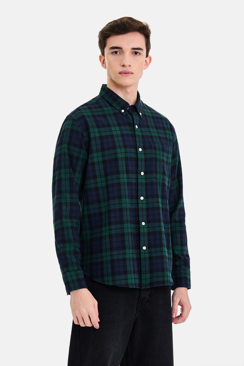 Men's Green & Navy Checked Casual Shirt